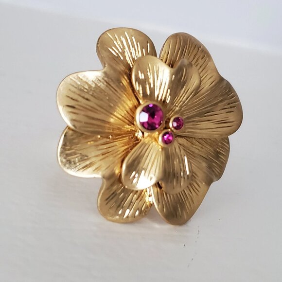 Lia Sophia Statement Goldtone Flower and Pink Crystal Ring - Picture 1 of 10